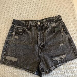 Distressed Black Denim Shorts